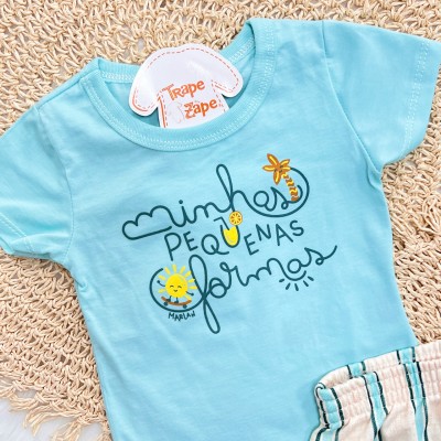 Conj. Camiseta "Minhas Pequenas Formas" e Bermuda Listrada - Azul Piscina e Areia